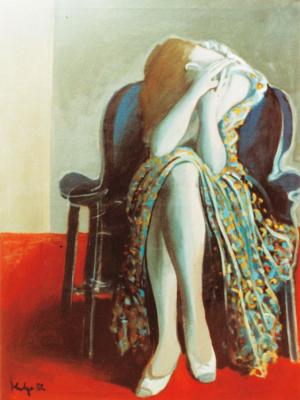 Lady on blue armchair