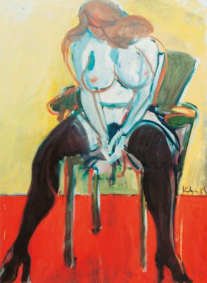 Nude with black tights on the armchair