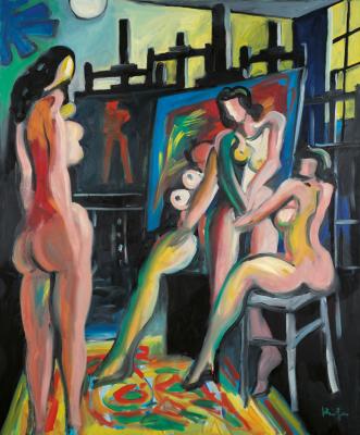 Four nudes in the studio with colourful carpet