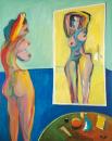 Standing nude in front of mirror and table