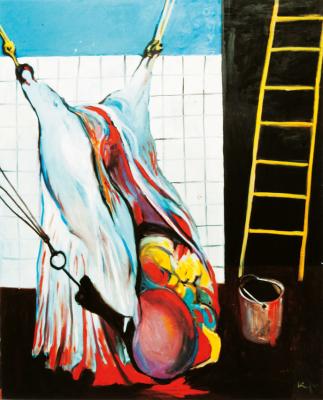 Schlachthof mit Kübel und Leiter