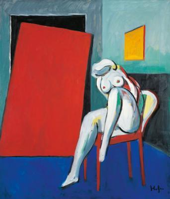 Nude on red chair, red wall